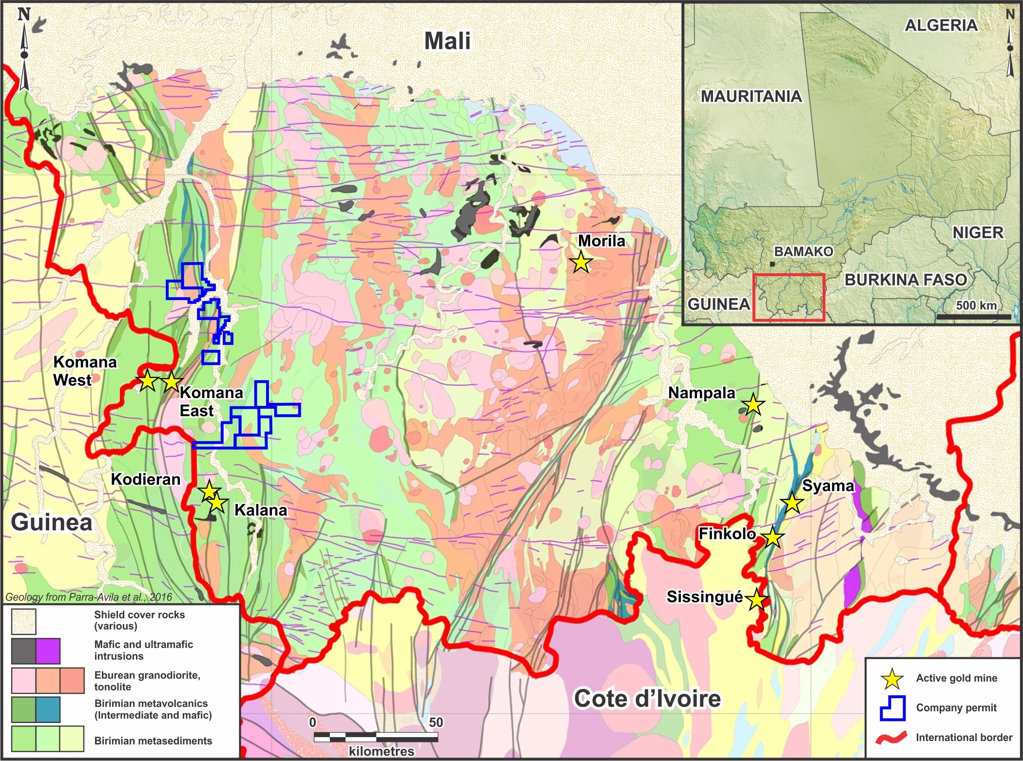 Geological map of the Birimian Greenstone Belt across southern Mali showing gold belts and mines
