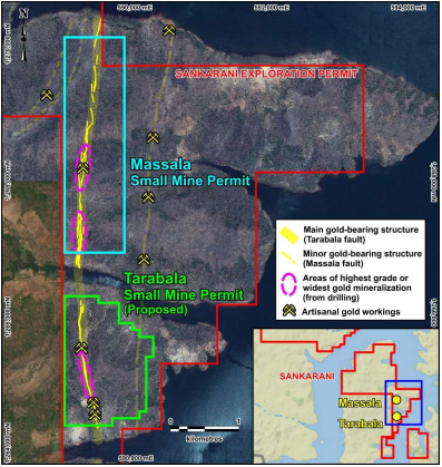 Map of the Massala Small Mine Permit and proposed Tarabala Small Mine Permit within the Sankarani exploration permit, showing gold-bearing structures and artisanal workings